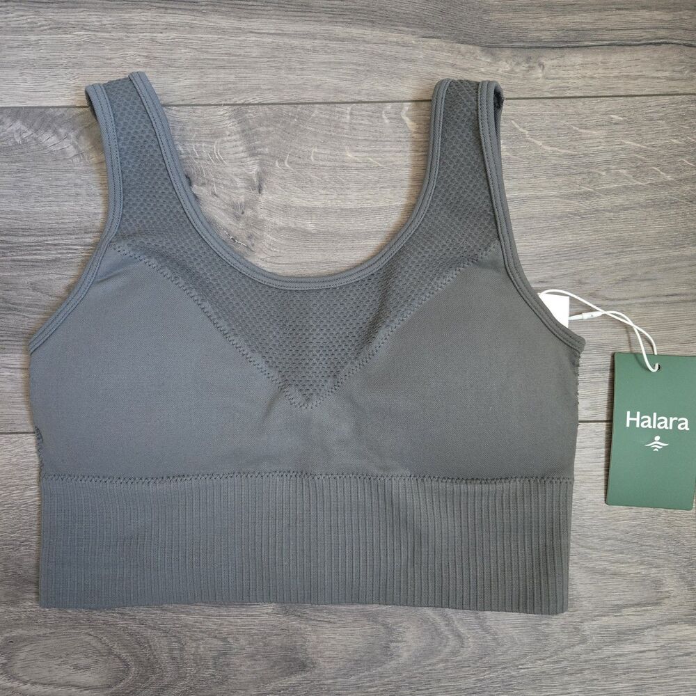 NWT Halara Seamless V-Mesh Sports Bra Grey Sz Small Medium Impact Yoga Bralette